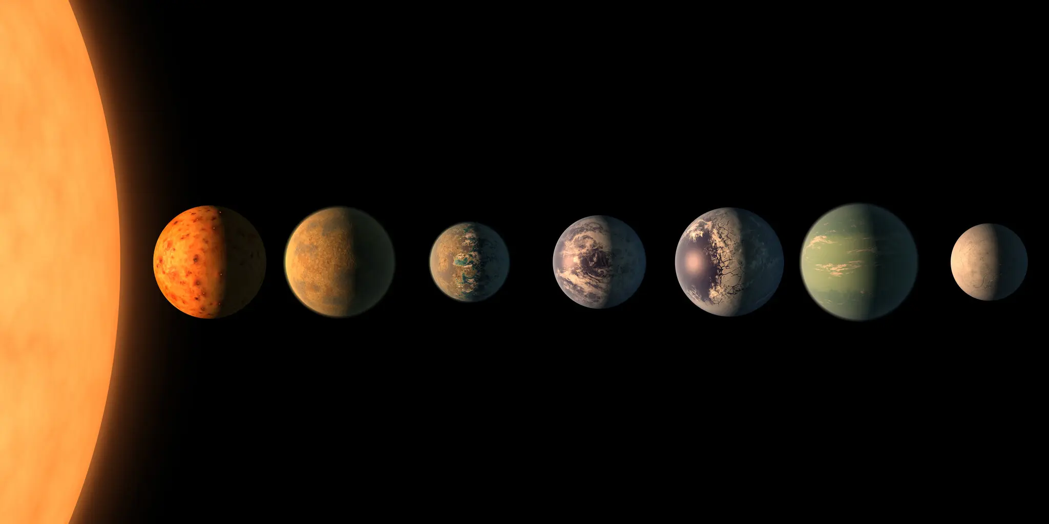 관측 결과를 기반으로 그린 TRAPPIST-1 행성 라인업 상상도. 출처:NASA/ESA/G. Bacon